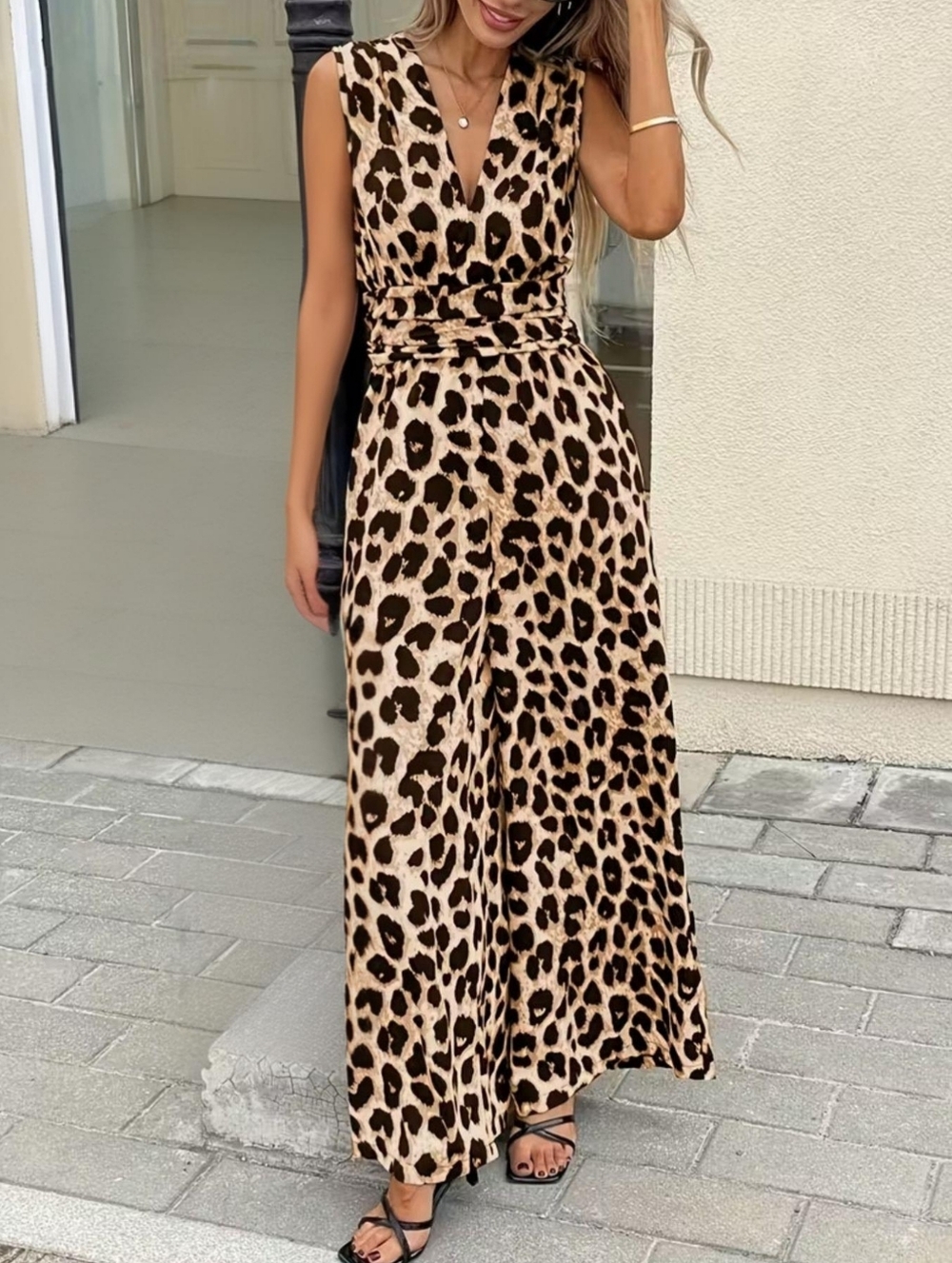 Leopard Print Sleeveless V-Neck Jumpsuit - Tan & Black